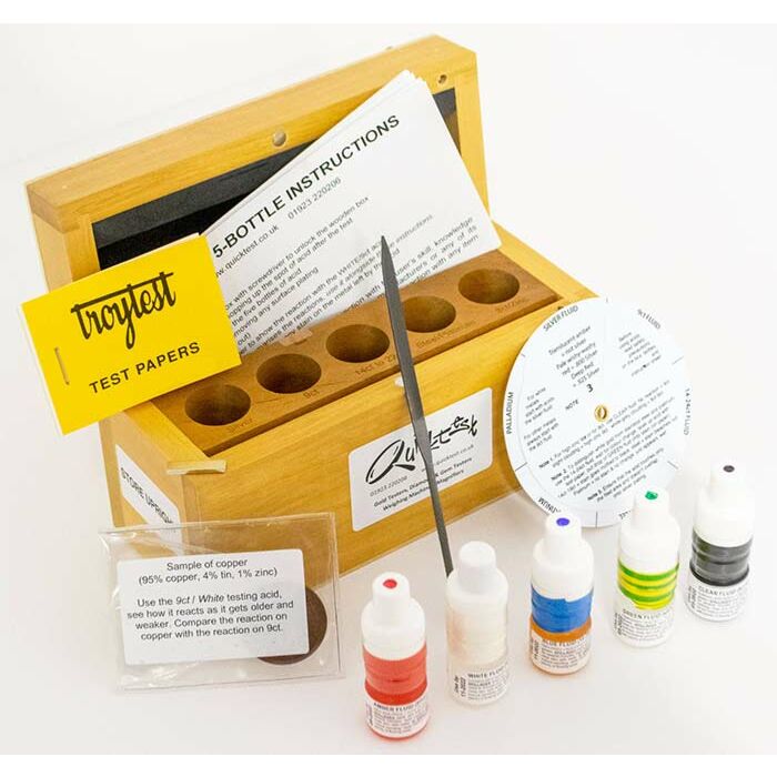 Quicktest-5 bottles testing gold, silver, platinum, white gold, palladium, steel, and also 8ct and high-zinc 9ct